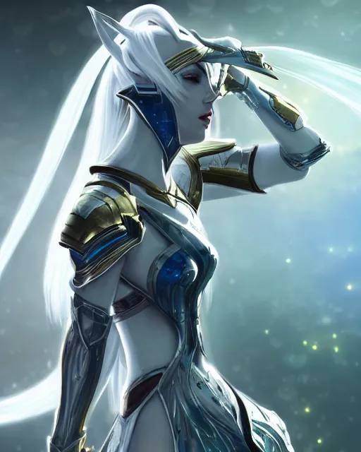 Image similar to perfect white haired attractive egyptian goddess, warframe armor, beautiful, symmetric, dreamy, half asian, pretty face, green eyes, charlize theron, detailed, scifi platform, laboratory, experiment, 4 k, ultra realistic, epic lighting, android body, illuminated, cinematic, masterpiece, art by akihito tsukushi, voidstar