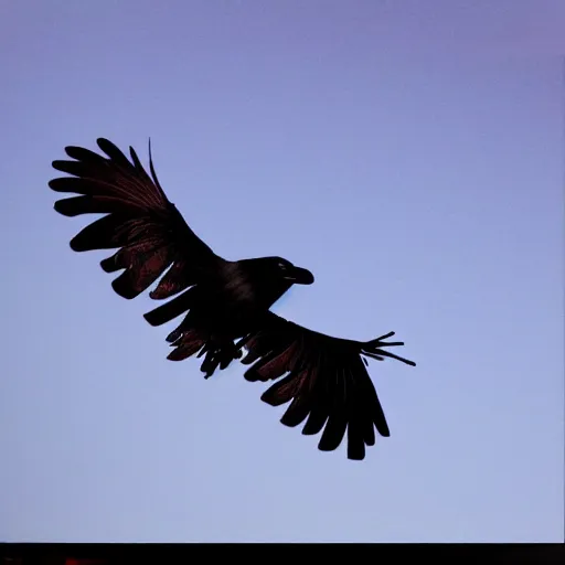 Image similar to blue raven flying on a red sky, realistic