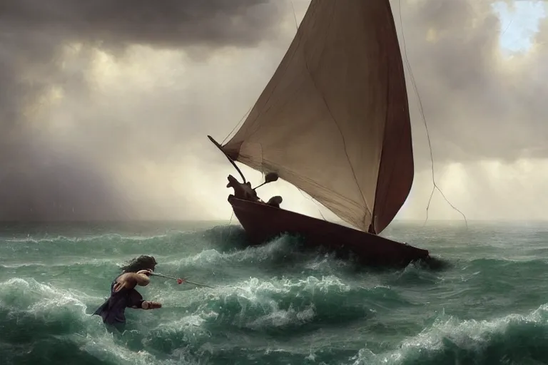 Image similar to ancient historically accurate depiction of Bible Character walking on water during a storm, a small fishing sailboat with scared sailors on board, dramatic lighting by frank miller, illustration by Ruan Jia and Mandy Jurgens and William-Adolphe Bouguereau, Artgerm, 4k, digital art, surreal, space dandy style, highly detailed, godsend, artstation, digital painting, concept art, smooth, sharp focus, illustration by Ruan Jia and Mandy Jurgens and William-Adolphe Bouguereau, Artgerm