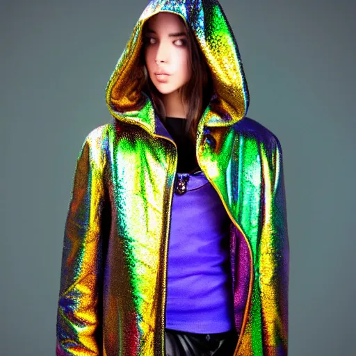 Prompt: product photo of an insanely integrate elaborate shiny hooded steampunk livree jacket is textured with multicolored holographic circles and big green neon collar, golden belts and buttons, big shoulderpolsters with glowing red edges, detailed fold fall, 3 5 mm, nikon photography - w 1 0 2 4 - h 1 0 2 4 - n 4 - s 1 5 0