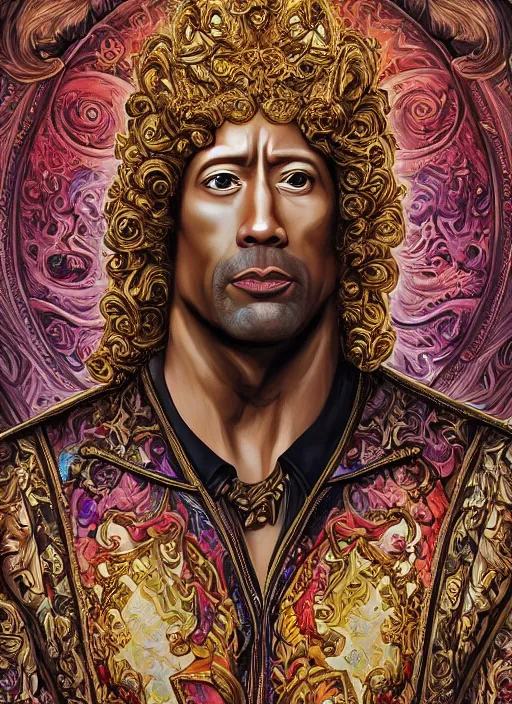 Prompt: beautiful baroque oil painting, full length portrait of Dwayne the rock Johnson as Louis xiv in coronation robes 1701, Dan Mumford, Dan Mumford, Alex grey, Alex grey, highly detailed , lsd visuals, dmt fractal patterns, hallucinogen, visionary art, psychedelic art, ornate, vaporwave