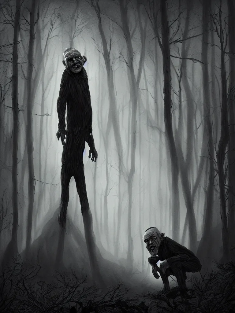 Prompt: creepy mutated old man hiding in a dark forest, digital black and white painting by oleg vdovenko, chuvabak, maxim verehin, flash photography, trending on artstation, character painting, digital illustration, flashlight photography