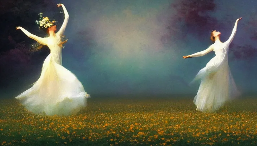 Image similar to dancers in white dancing across a flower meadow the moonlit dance of the fae by wojciech siudmak and ivan aivazovsky, contemporary dancers dancing artistic photography movement photorealistic volumetric cinematic light, award - winning