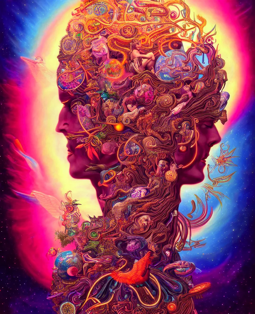 Image similar to a beautiful hyperdetailed painting of divine human spiritual evolution, enlightenment, consciousness, retrowave fantasy, wallpaper, highly detailed, trending on artstation.