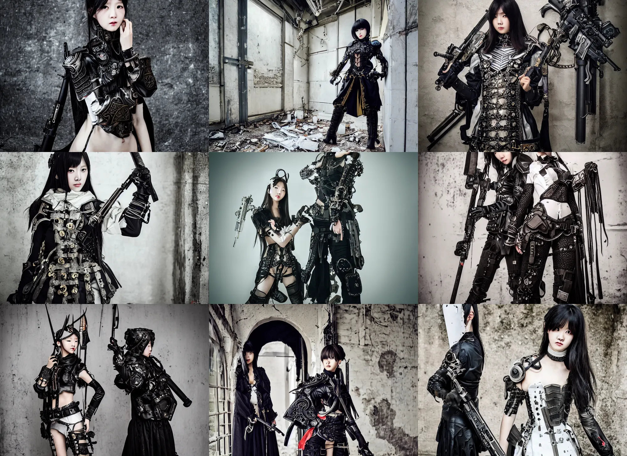 Prompt: beautiful ulzzang with white majestic ornate medieval tactical gear, black leather garment, full shot fashion photography, dark abandoned cyberpunk factory, by irving penn and storm thorgerson, ren heng, peter elson,