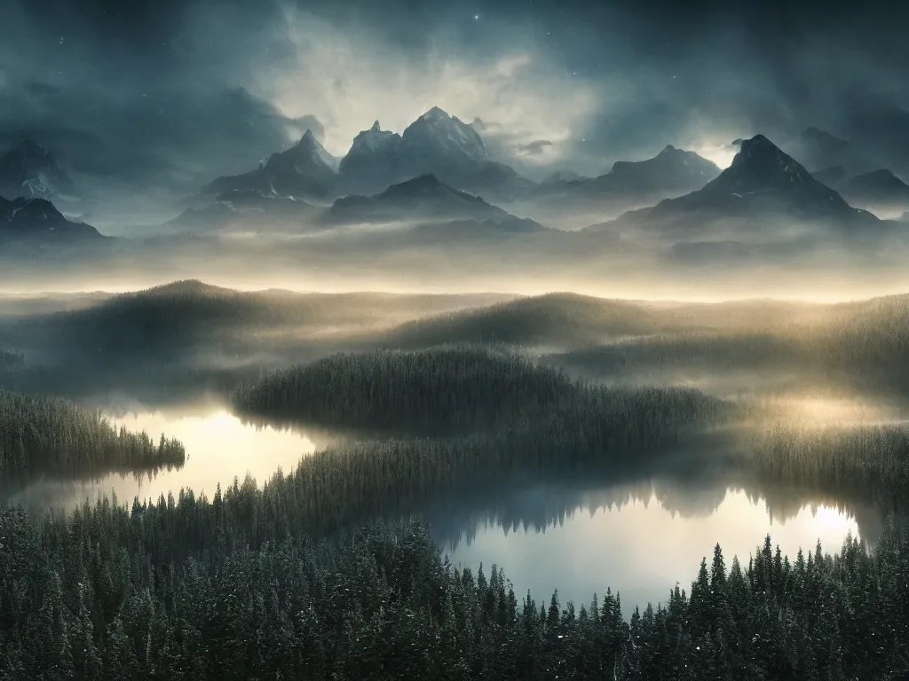 Prompt: epic crystalline taiga with a lake, golden hour, misty ground, rocky ground, distant mountains, atmospheric perspective, altostratus clouds, planets, cinematic, 3 5 mm lens, photographic, octane render, cinematography by roger deakins, in the style of ansel adams