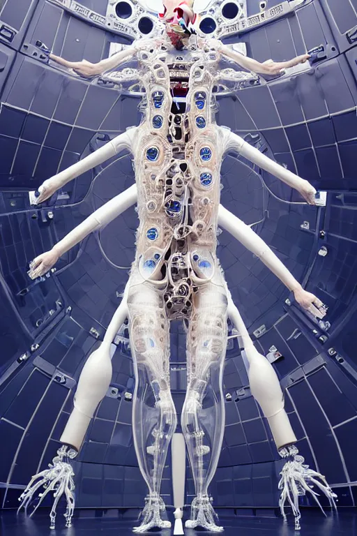 Image similar to background space station, baroque inflateble dress iris van herpen positing on floor, perfect symmetrical, full body shot, white helmet on face, inflateble shapes, wires, tubes, veins, jellyfish, white biomechanical details, wearing epic bionic implants, masterpiece, intricate, biopunk, vogue, highly detailed, artstation, concept art