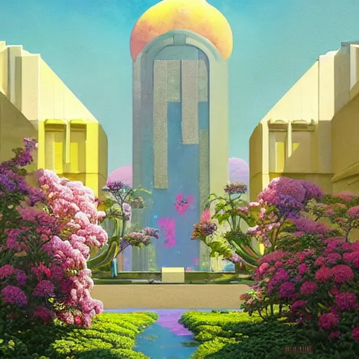 Image similar to a painting of an art deco building surrounded by flowers, a watercolor and matte painting by beeple and rhads and maxfield parrish, cgsociety, artdeco, dystopian art, sci - fi, artstation hq