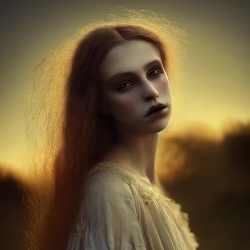 Image similar to photographic portrait of a stunningly beautiful emotional gothic female in soft dreamy light at sunset, contemporary fashion shoot, by edward robert hughes, annie leibovitz and steve mccurry, david lazar, jimmy nelsson, breathtaking, 8 k resolution, extremely detailed, beautiful, establishing shot, artistic, hyperrealistic, beautiful face, octane render