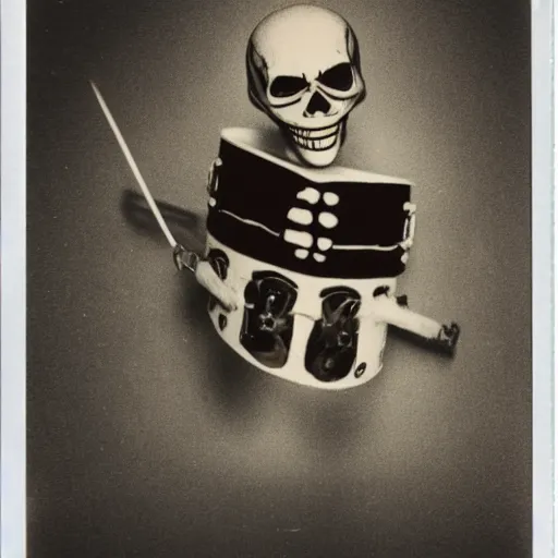 Image similar to skeleton drummer, wild, flash polaroid photo,