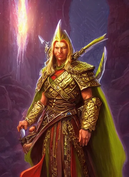 Image similar to high priest, ultra detailed fantasy, dndbeyond, bright, colourful, realistic, dnd character portrait, full body, pathfinder, pinterest, art by ralph horsley, dnd, rpg, lotr game design fanart by concept art, behance hd, artstation, deviantart, hdr render in unreal engine 5