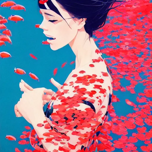 Image similar to a ultradetailed beautiful portrait panting of a stylish woman surrounded by floating koi fish, by conrad roset, greg rutkowski and makoto shinkai, trending on artstation