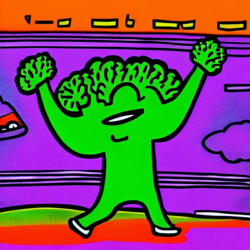 Image similar to a dancing broccoli, he is very happy, children illustration