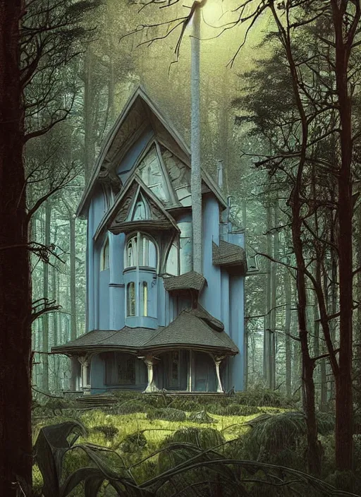 Image similar to hyper realistic witchy modern gothic house with mood lighting and tech in the woods gorgeous lighting, sunbeams blue sky, highly detailed, lush forest foliage painting by zdzisław beksinski and norman rockwell and greg rutkowski weta studio, and lucasfilm