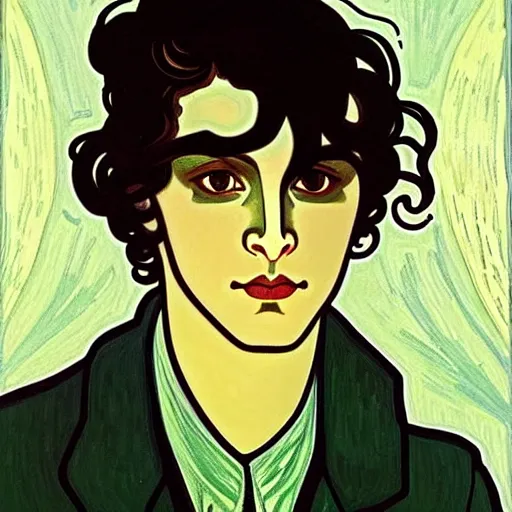 Prompt: painting of handsome beautiful dark medium wavy hair man in his 2 0 s named shadow taehyung at the cucumber soup party, elegant, clear, painting, stylized, delicate, soft facial features, paris, art, art by alphonse mucha, vincent van gogh, egon schiele