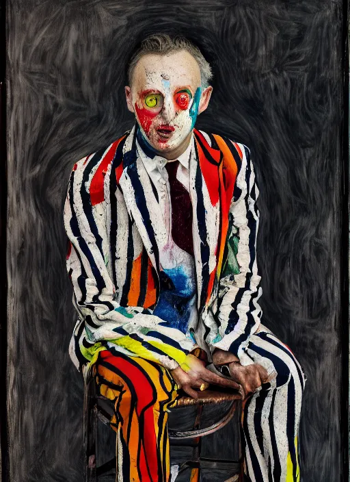 Prompt: portrait of a nervous harlequin sitting on a stool, by vincent lefevre and hernan bas and pat steir and hilma af klint, psychological, photorealistic, symmetrical face, dripping paint, washy brush, threads, rendered in octane, altermodern, masterpiece