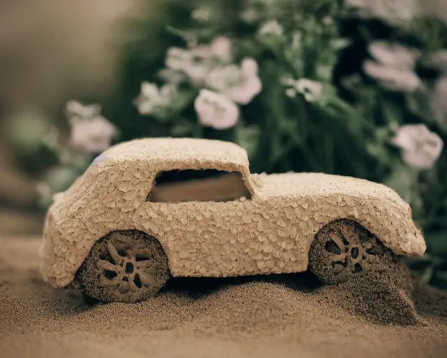 Image similar to 8 5 mm food photography of a car made of sand near a garden with dof and bokeh and flowers o