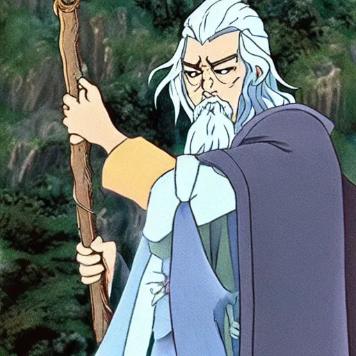 Image similar to gandalf from the anime lord of the rings (1986), holding a wooden staff, studio ghibli, very detailed, realistic