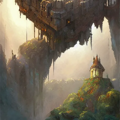 Prompt: a painting of a castle in the sky, a detailed matte painting by Andreas Rocha, behance contest winner, fantasy art, matte painting, matte drawing, storybook illustration