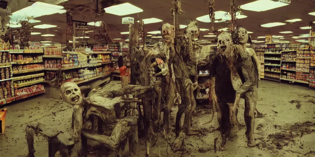 Image similar to studio happy creepy mud people inside a supermarket by bob bottin and cronenberg, horror grotesque, realistic detailed photography, filth and grim, colorized 1 9 9 0's