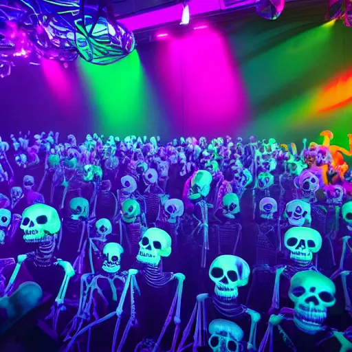 Image similar to photo, a giant crowd of realistic claymation skeletons sensually inside a colorful futuristic night club, edge lighting