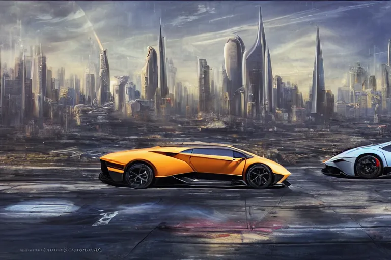 Prompt: a futurisitic well designed car by lamborghini and boeing military and honda, in a city, skyline in the distance, day, summer, painting by best science fiction artists and asher brown durand and star wars, ultra mega detailed, beautiful realistic photo, professional photography, uhd upscale, 8 k, perfect