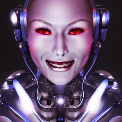 Prompt: portrait of a heavily cybernetically enhanced woman smiling with a glowing eye, hajime sorayama, 4 k, artstation, expressive