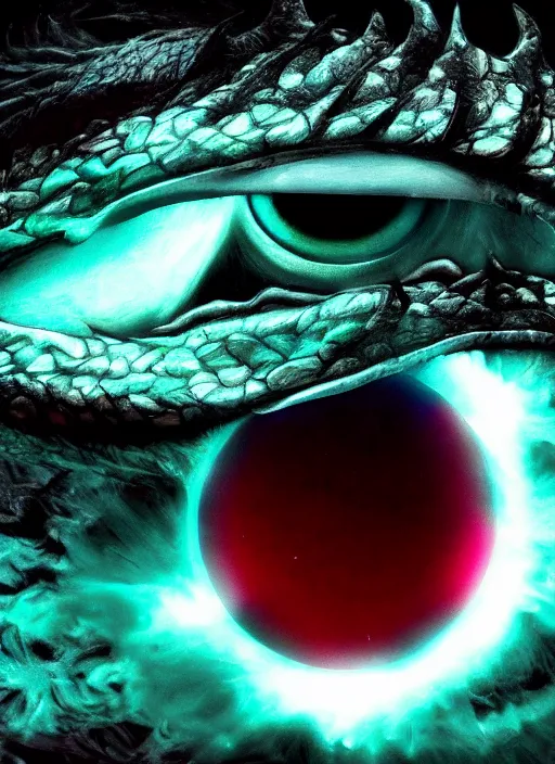 Prompt: color photo of a dragon eye, fantasy horror