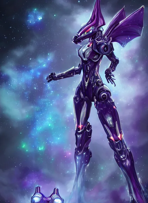 Image similar to cinematic shot, cosmic sized perfectly proportioned stunning beautiful hot female warframe, robot mecha female dragon head, mecha dragon maw, silver armor, fuschia leds, floating in empty space, nebula sized, holding a galaxy, epic proportions, epic size, epic scale, furry art, dragon art, giantess art, warframe fanart, furaffinity, deviantart