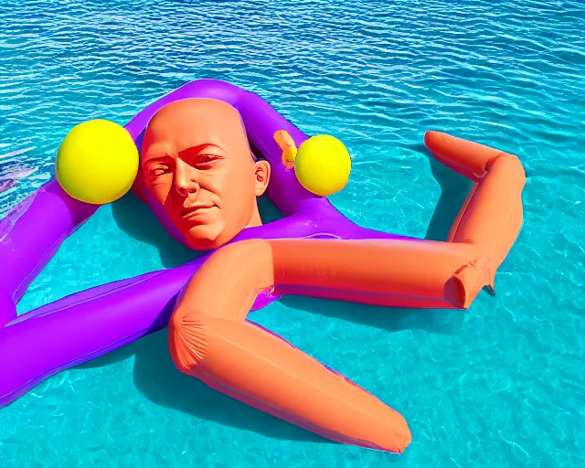 Prompt: a long shot of a giant award winning sculpture of a human head made out of a huge amount of inflatable pool toys, on the surface of the ocean, in the style of chad knight, hyper detailed, hyper realistic, ray tracing, 8 k resolution, sharp focus, realistic water