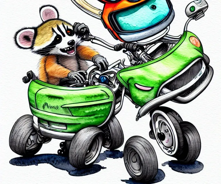 Image similar to cute and funny, racoon wearing a helmet riding in a tiny motorized wheelchair, ratfink style by ed roth, centered award winning watercolor pen illustration, isometric illustration by chihiro iwasaki, edited by range murata