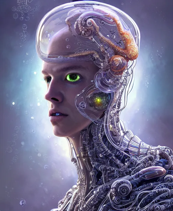 Image similar to intricate ornate opulent transparent clear see - through portrait of a cybernetic beautiful male alien sea slug, mottled coloring, adorable, childlike, apocalyptic environment, ultra realistic, concept art, art nouveau, photorealistic, octane render, 8 k, unreal engine. art by christopher marley and artgerm and greg rutkowski and alphonse mucha