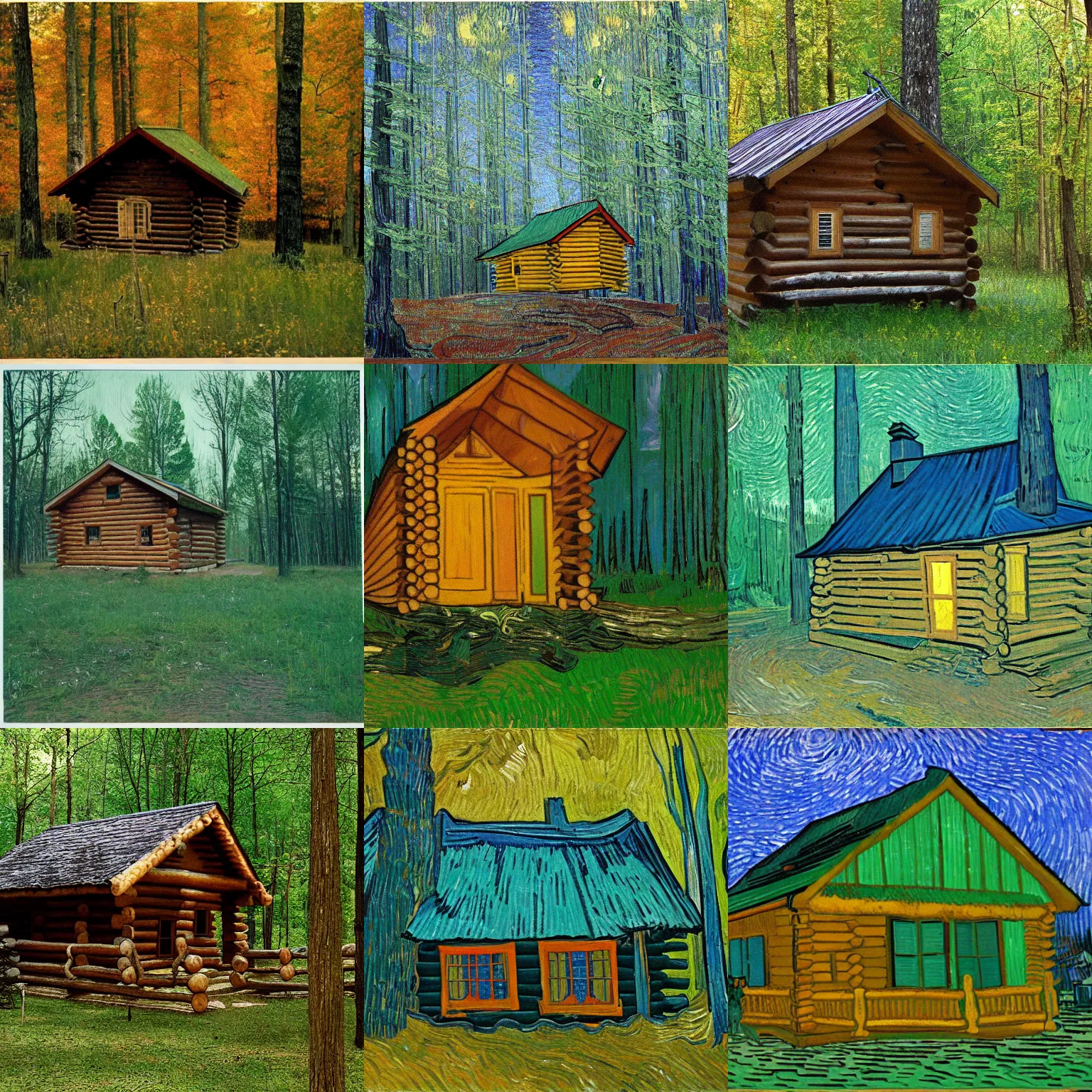 Prompt: [ a log cabin in the forest ] [ van gogh ] [ 3 5 mm ]