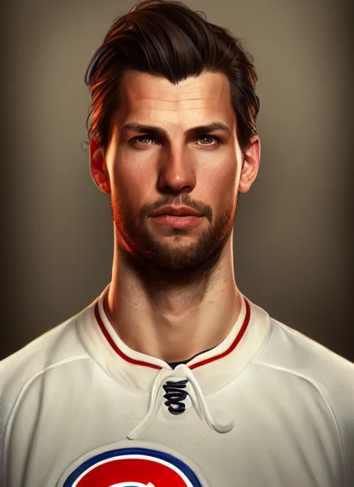 Prompt: ultra realistic illustration, handsome habs player. intricate, sainte flanelle suit, highly detailed, digital painting, artstation, concept art, smooth, sharp focus, illustration, art by artgerm and greg rutkowski and alphonse mucha and wlop