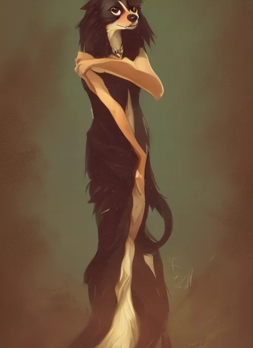 Image similar to wide angle beautiful full body portrait of a strong male anthropomorphic anthro border collie fursona in an evening gown by a lake at night, character design by charlie bowater, henry asencio, and ross tran, beautiful, glamor pose, detailed, aesthetic, trending on artstation, furaffinity