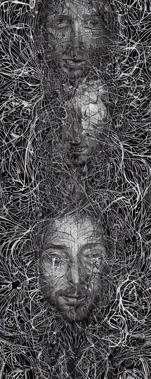 Image similar to disco diffusion portrait of Thom Yorke, hiding in the bushes looking shifty:: cosmic tarot card, intricate fractal details, broken physics, fanciful floral mandelbulb, black paper, style of Stanley Donwood