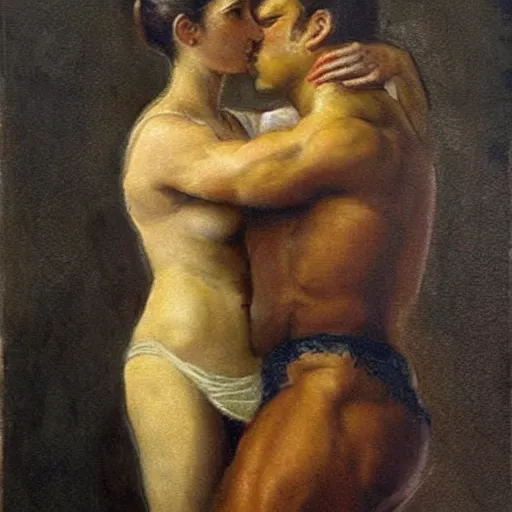 Image similar to an muscular man hugging a woman, fine painting, victorian