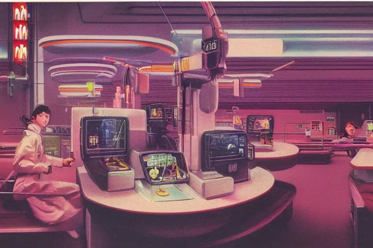 Image similar to 1 9 7 9 omni magazine cover depicting a surgical suite inside of a mcdonald's in neo - tokyo. in the style of bladerunner concept art by syd mead