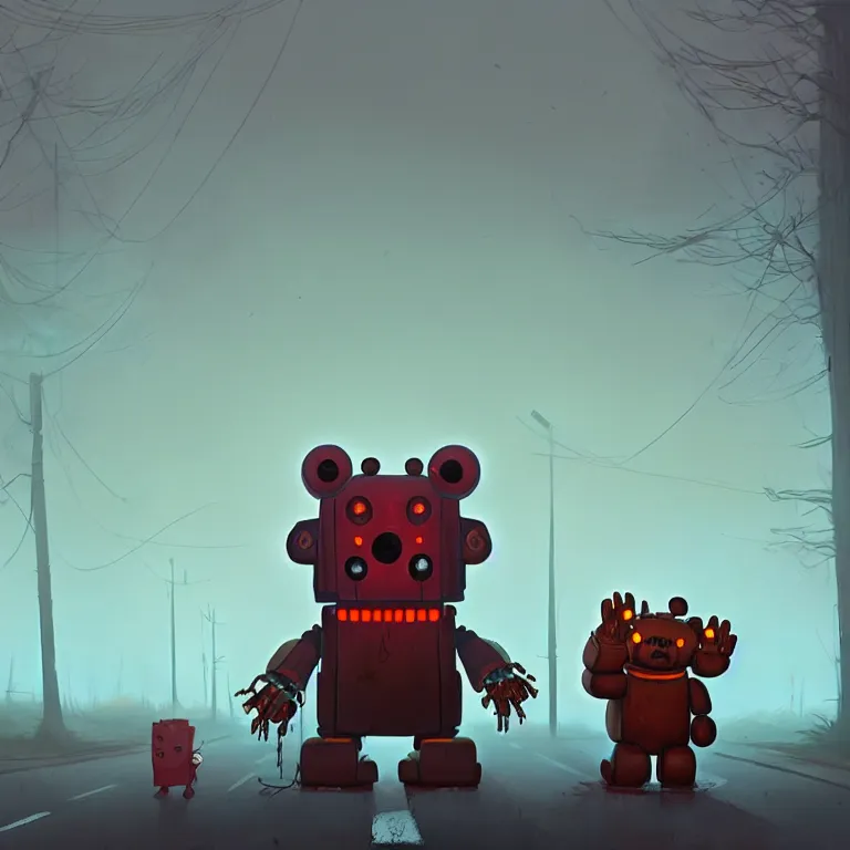 Image similar to a giant freddy fazbear robot animatronic bear in the middle of a foggy street, award - winning art by simon stalenhag, trending on artstation