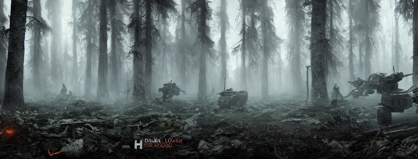 Image similar to dark foggy forest with military robots with volumetric loght searching for hidden human soldiers, postapocalyptic style, high detail, dramatic moment, motion blur, ground fog, dark atmosphere, saturated colors, by darek zabrocki, render in unreal engine - h 7 0 4