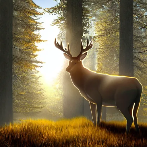 Prompt: large buck white tail standing on top of a hill with light shining through the trees in the early morning, volumetric shadows, volumetric lighting digital painting, trending on artem, trending on deviantart,