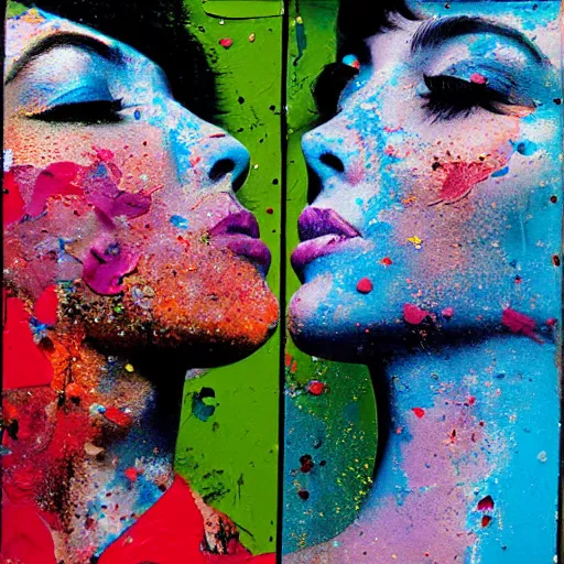 Prompt: double exposure of two women kissing ( closeup ) and an acrylic painting, lomography. this photograph is subsequently printed out and splattered with paint. mixed media collage art with magazines and found art