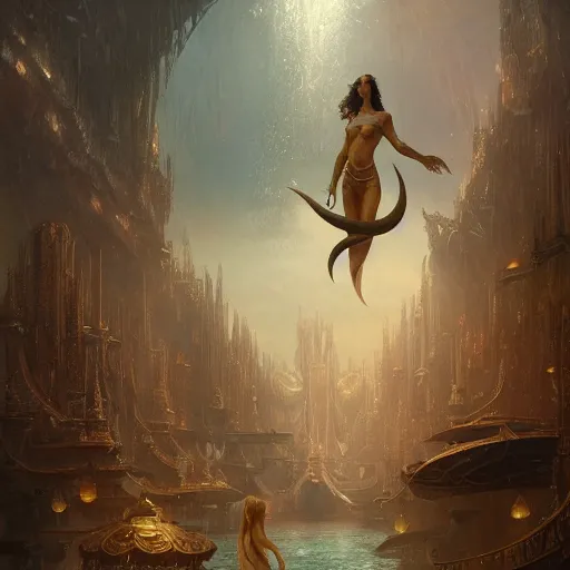 Image similar to a beautiful stunning interesting fantasy digital matte illustration by Grzegorz greg rutkowski and Marc Simonetti and James Jean, of an Atlantis atlantian market with mermaids underwater, yellow and gold color palette, trending on artstation hq