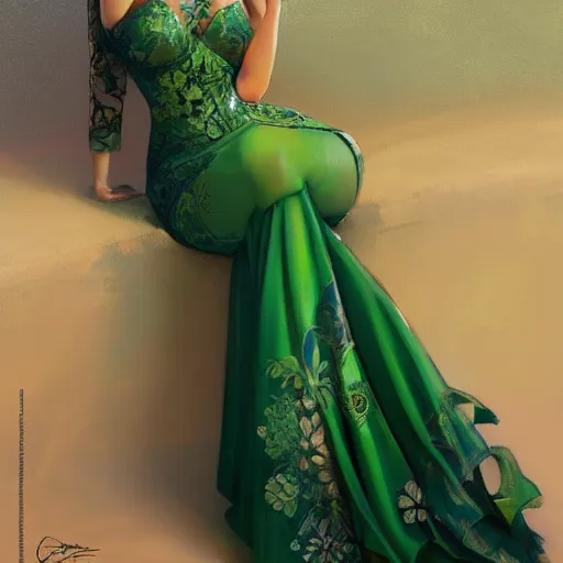 Image similar to demi rose wearing a green kebaya, digital painting, artstation, concept art, sharp focus, illustration, art by artgerm and greg rutkowski and alphonse mucha