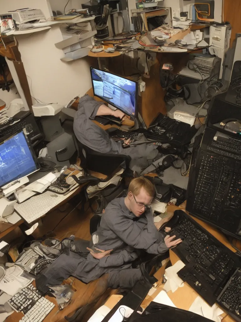 Prompt: John Carmack sleeping at desk near 90s computer running quake II, michaelangelo style