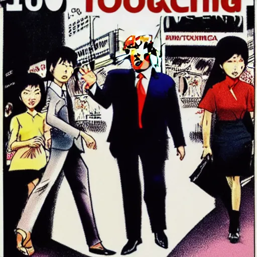 Prompt: glossy old advertising poster, donald trump walking through crowded hong kong street, vendors, drawn comic by junji ito, pastels, gradient