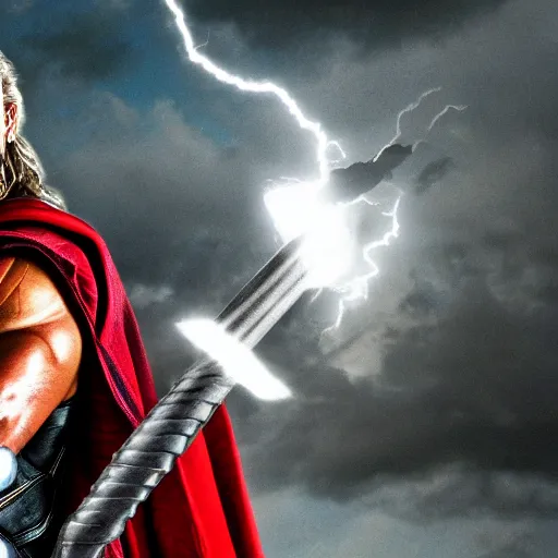 Prompt: baddas photo of thor holding hammer