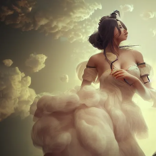 Image similar to beautiful girl in full gown blowing clouds, beautiful portrait, character concept style trending on artstation concept art detailed octane render cinematic photo - realistic 8 k high detailed