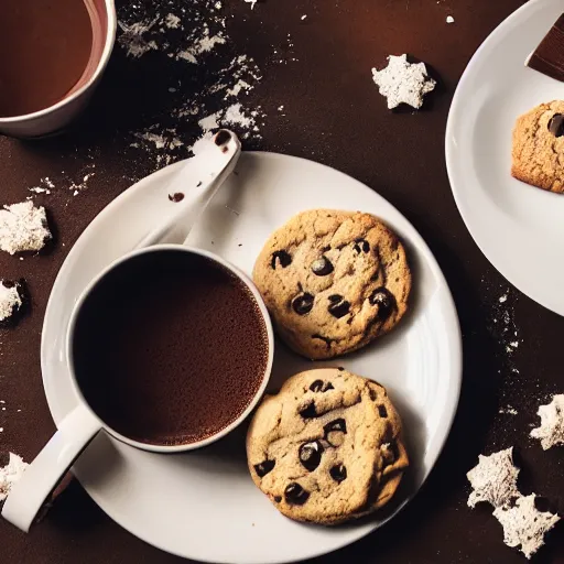 Image similar to cookies and hot chocolate, food photography, cozy