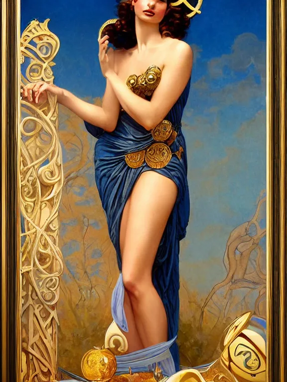 Image similar to Emily Ratajkowski as the magic Greek goddess Circe, a beautiful art nouveau portrait by Gil elvgren, moonlit Mediterranean environment, centered composition, defined features, golden ratio, intricate gold jewlery